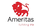 The image displays a logo with a red lion s head, set against a white background, and the text  AMERITAS  in stylized red lettering below it.