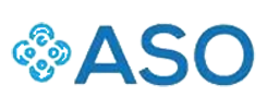 The image shows a logo with the text  ASO  and below it, there is a stylized graphic that appears to be an abstract representation of a flower or plant.