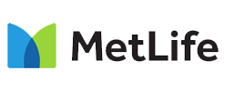 The image is a logo with the text  MET LIFE  and includes a stylized graphic that appears to be a combination of a leaf and a shield, set against a blue background.
