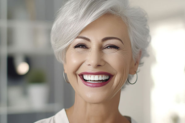 A smiling woman with short hair, wearing a white top, set against a modern kitchen background.